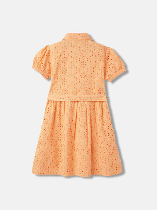 Elle Girls Coral Self-Design Shirt Collar Short Sleeves Dress