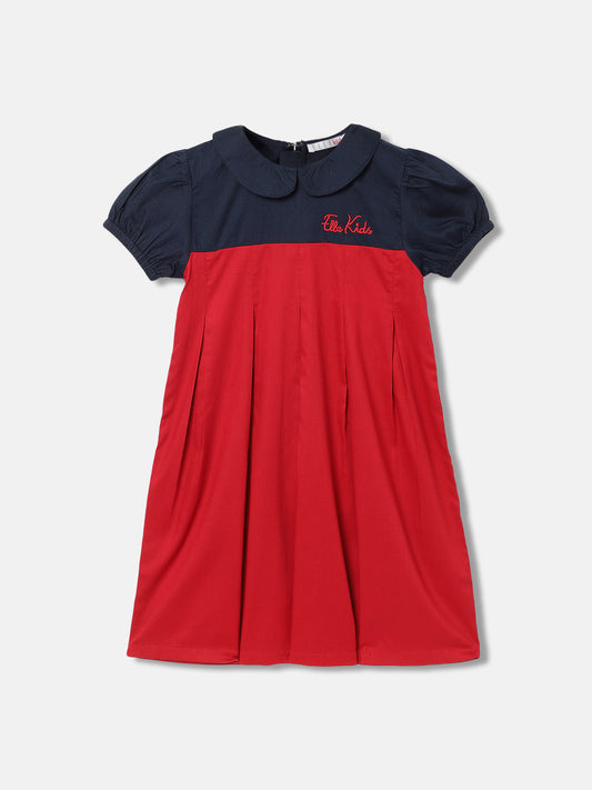 Elle Girls Red Colour blocked Round Neck Short Sleeves Dress