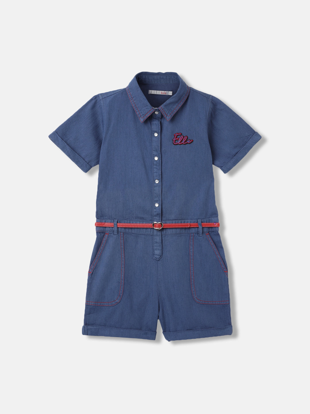 Elle Girls Blue Solid Shirt Collar Short Sleeves Playsuit