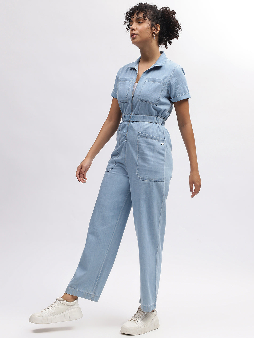 Elle Women Blue Solid Shirt Collar Short Sleeves Jumpsuit