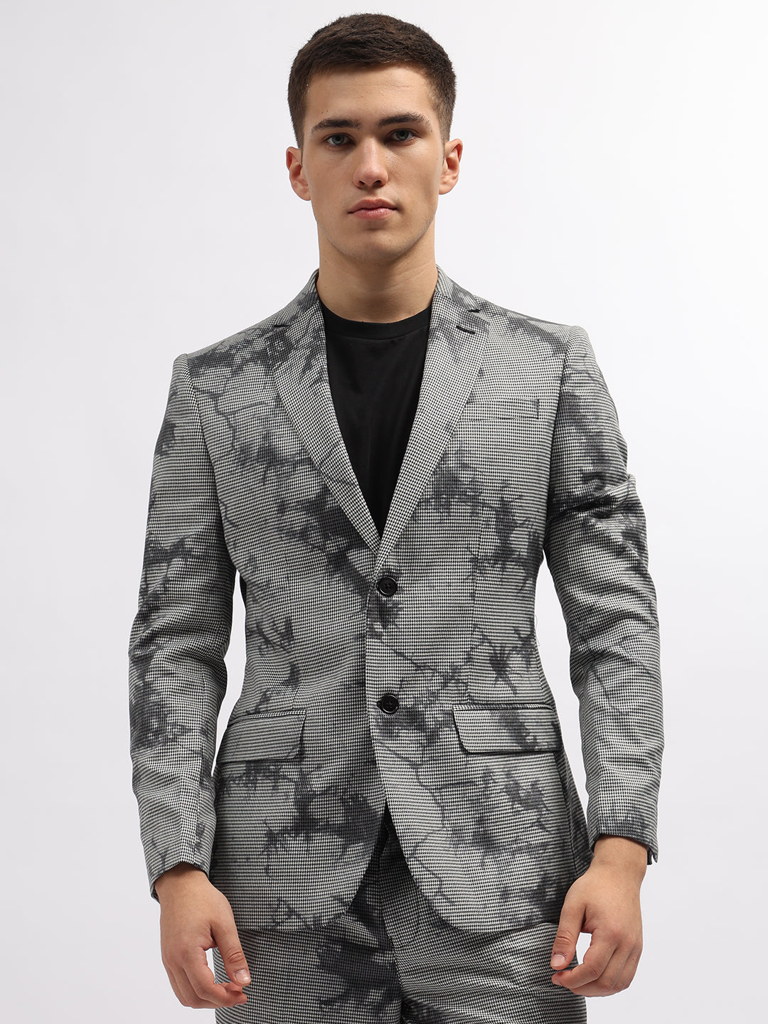 Iconic Men Black Printed Notched Lapel Collar Full Sleeves Blazer