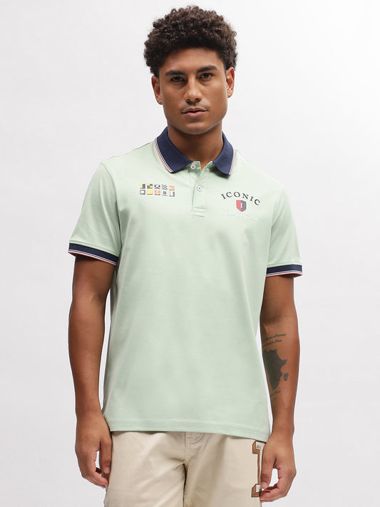 Iconic Men Green Solid Polo Collar Short Sleeves T-Shirt