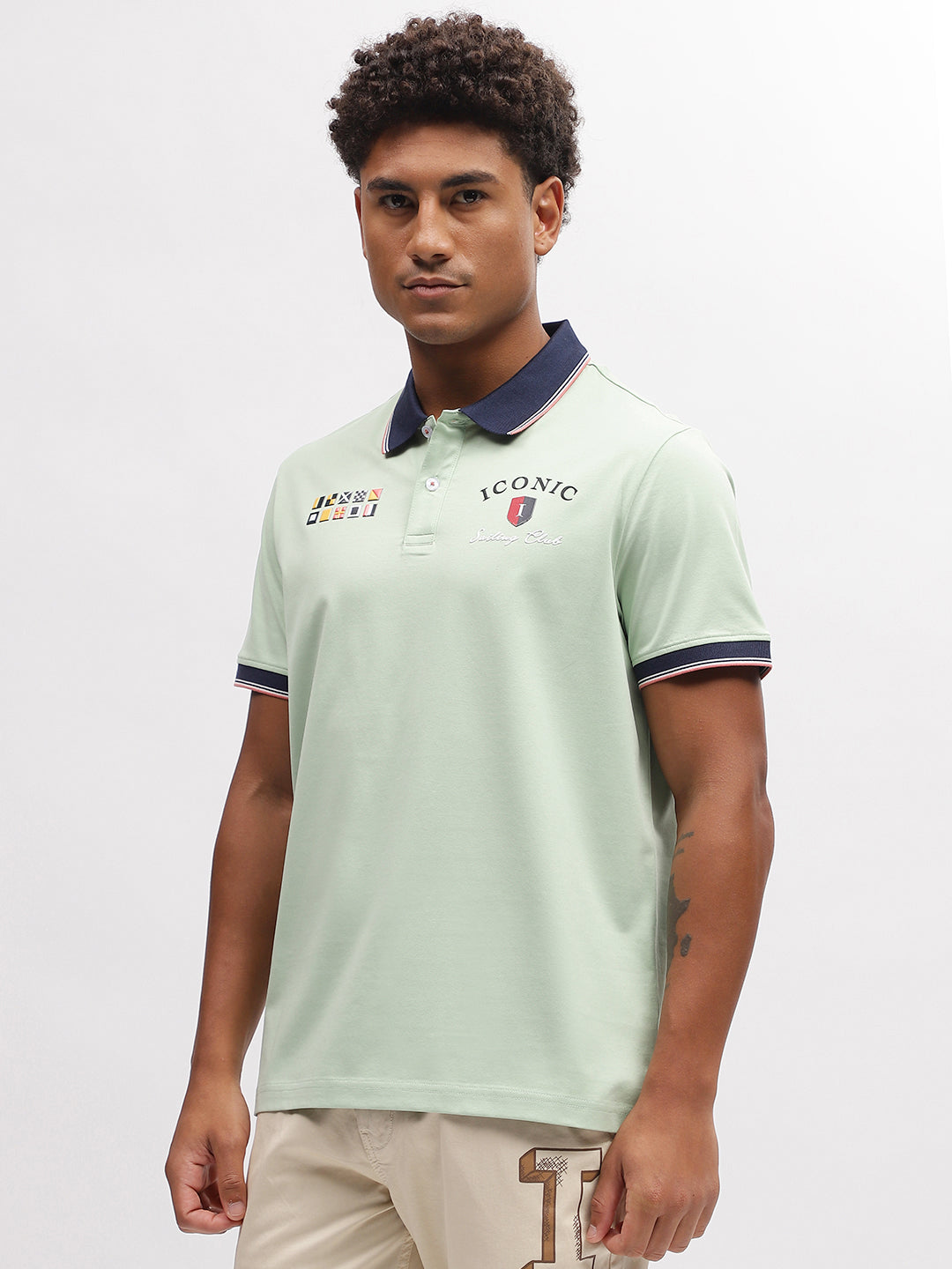 Iconic Men Green Solid Polo Collar Short Sleeves T-Shirt