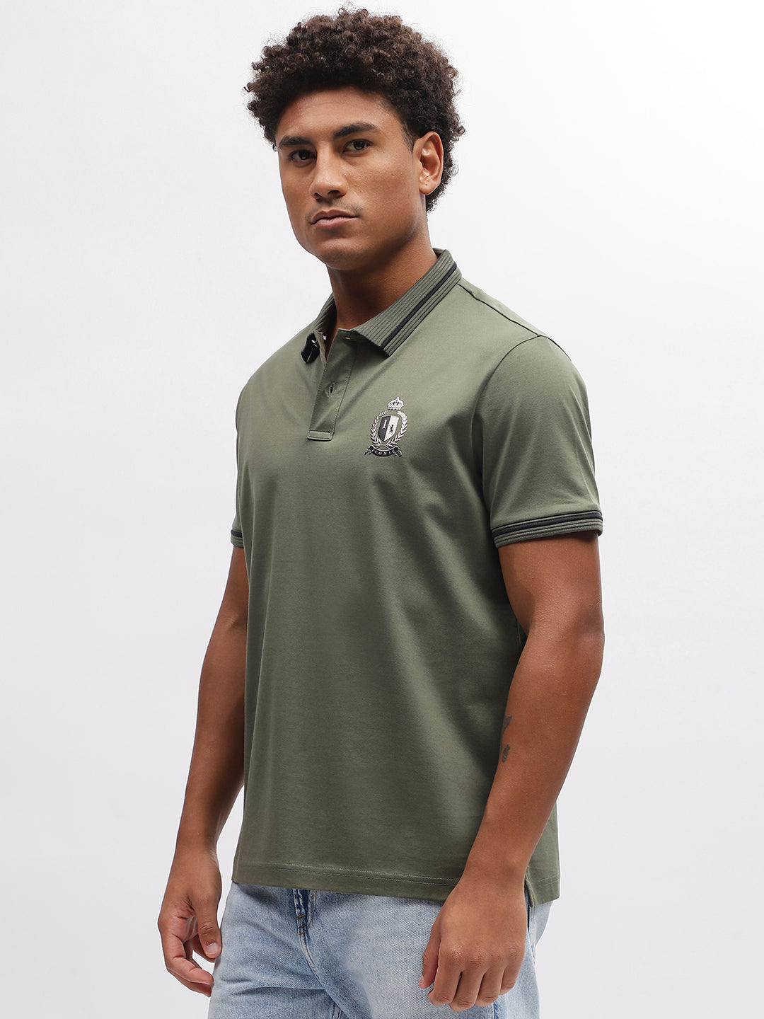 Iconic Men Olive Solid Polo Collar Short Sleeves T-Shirt