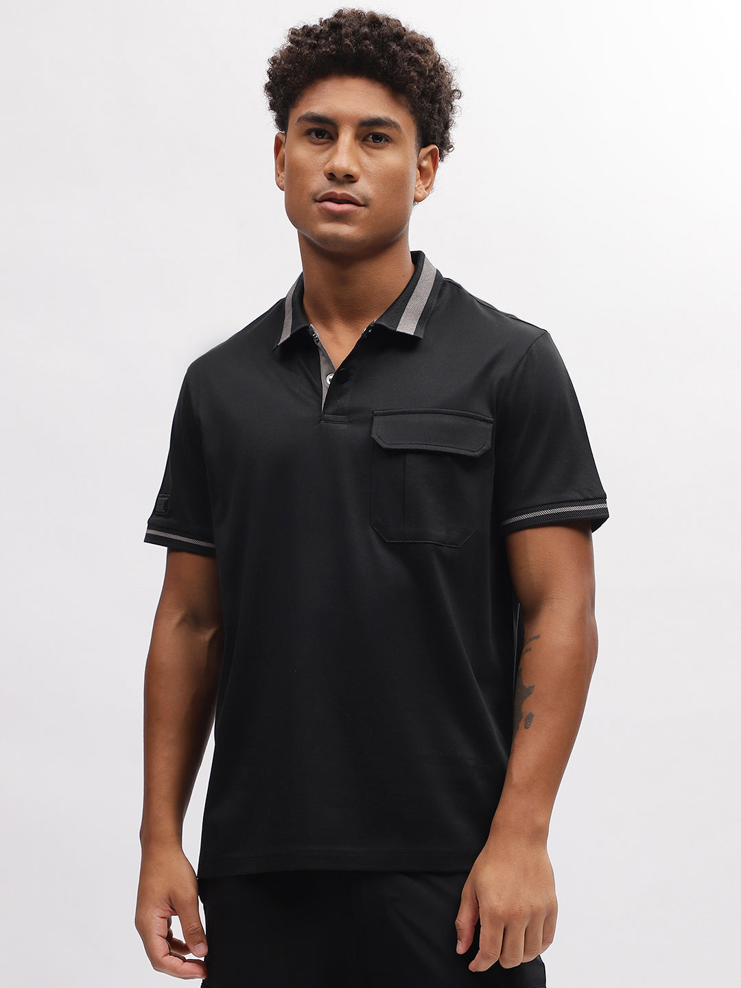 Iconic Men Black Solid Polo Collar Short Sleeves T-Shirt