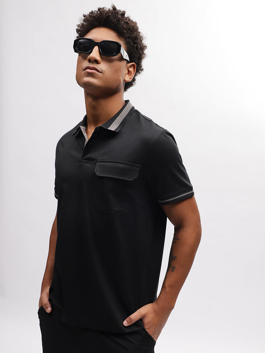 Iconic Men Black Solid Polo Collar Short Sleeves T-Shirt