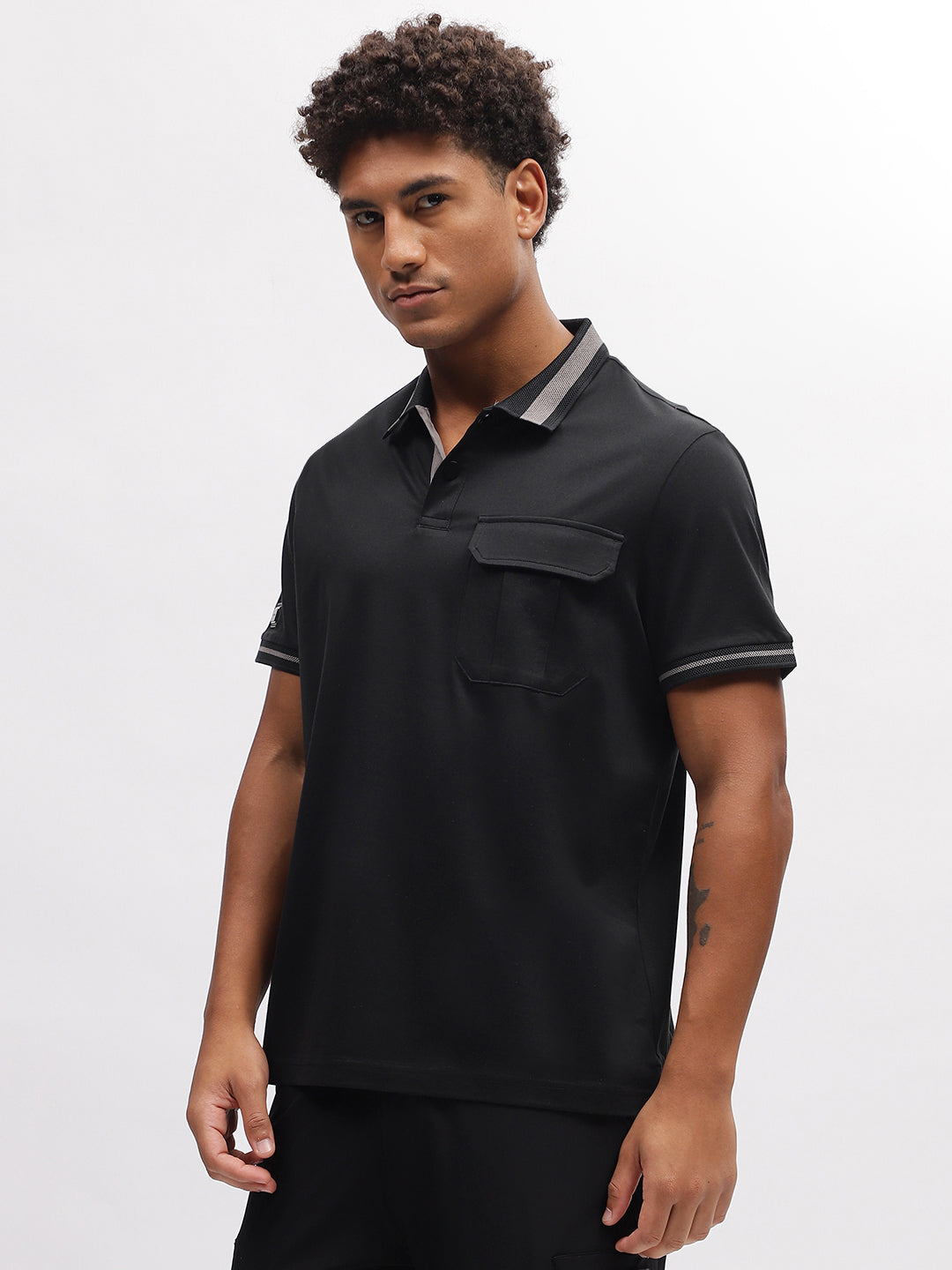 Iconic Men Black Solid Polo Collar Short Sleeves T-Shirt