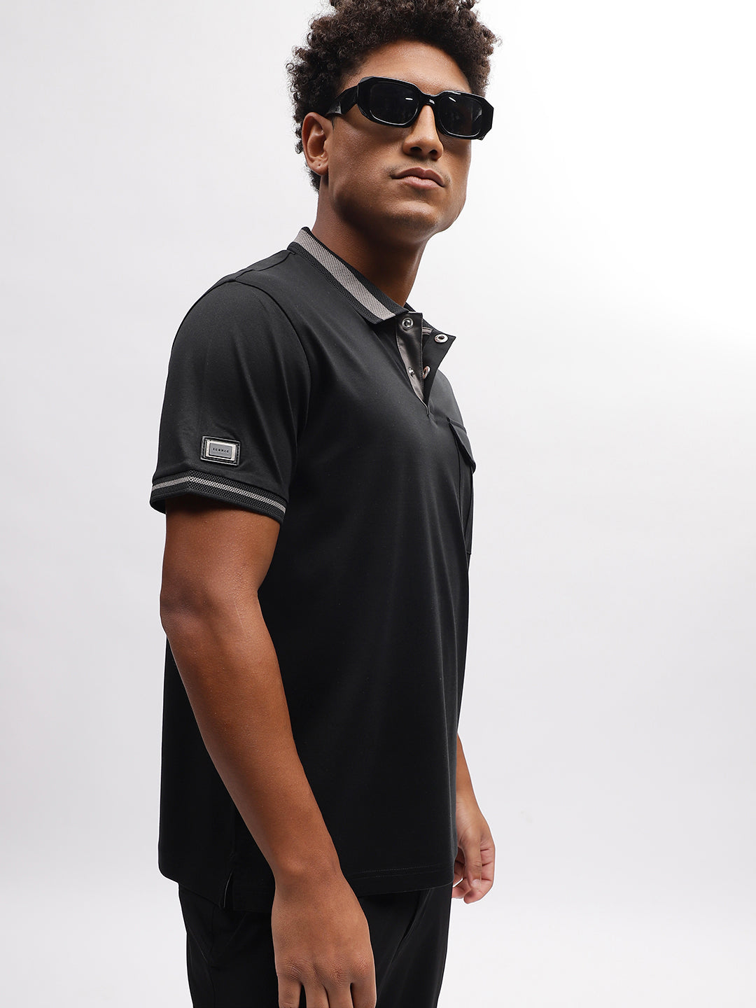 Iconic Men Black Solid Polo Collar Short Sleeves T-Shirt