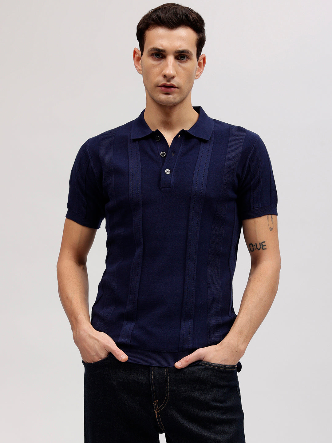 Iconic Men Navy Blue Solid Polo Collar Short Sleeves T-shirt