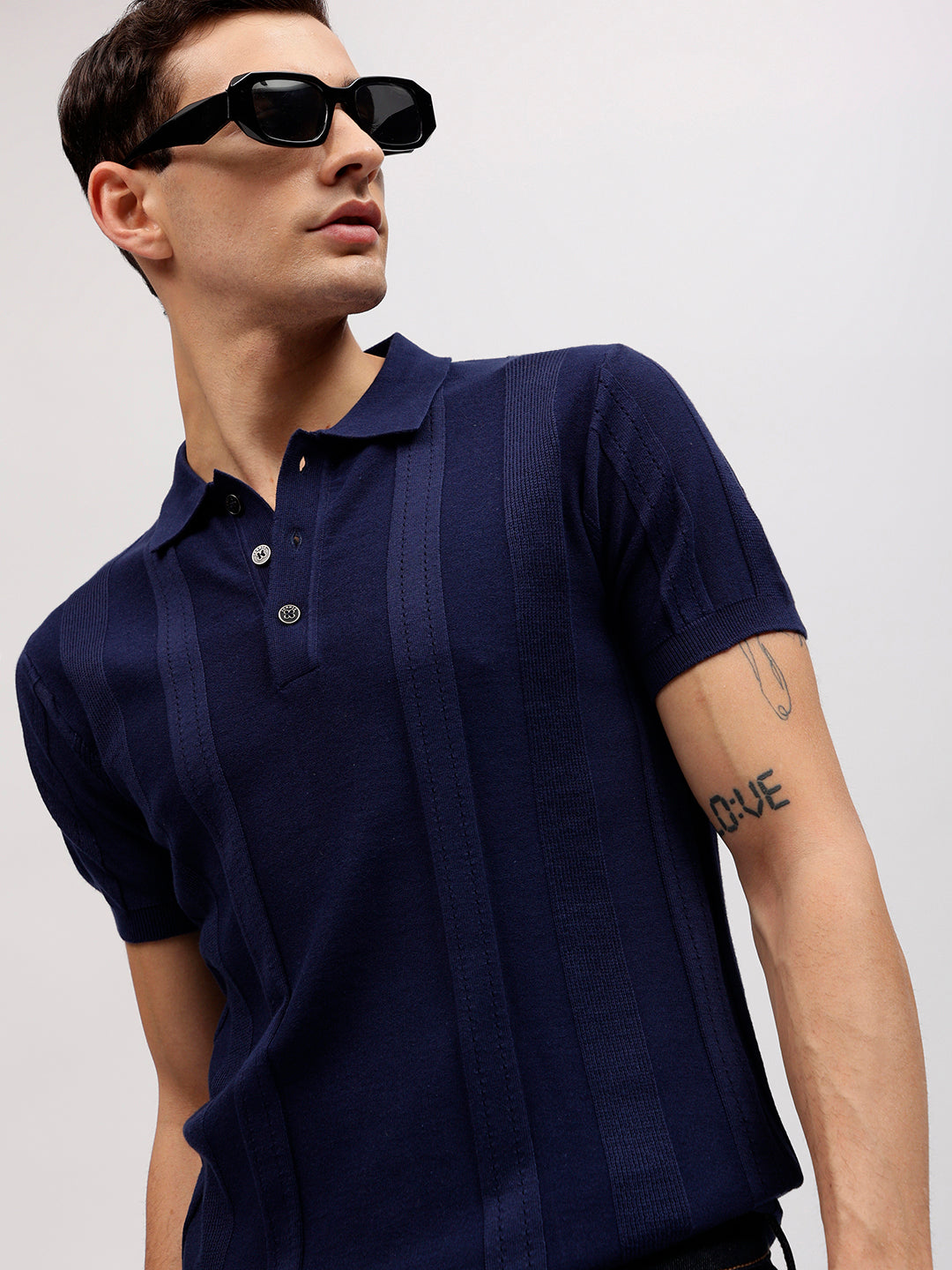 Iconic Men Navy Blue Solid Polo Collar Short Sleeves T-shirt