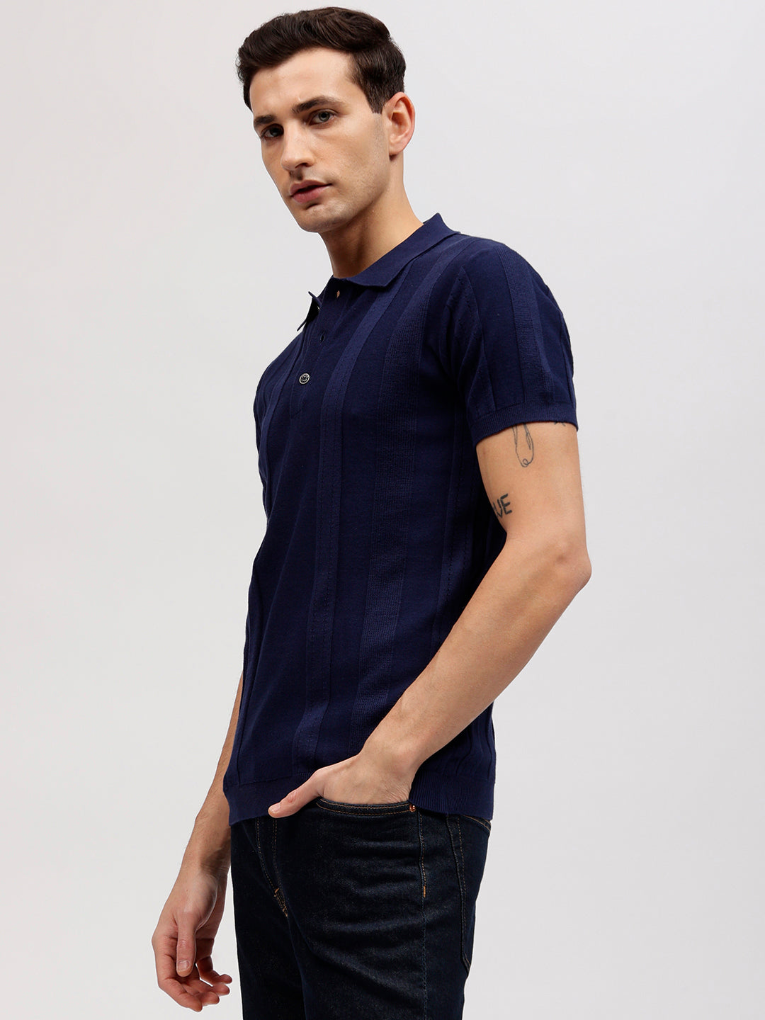 Iconic Men Navy Blue Solid Polo Collar Short Sleeves T-shirt