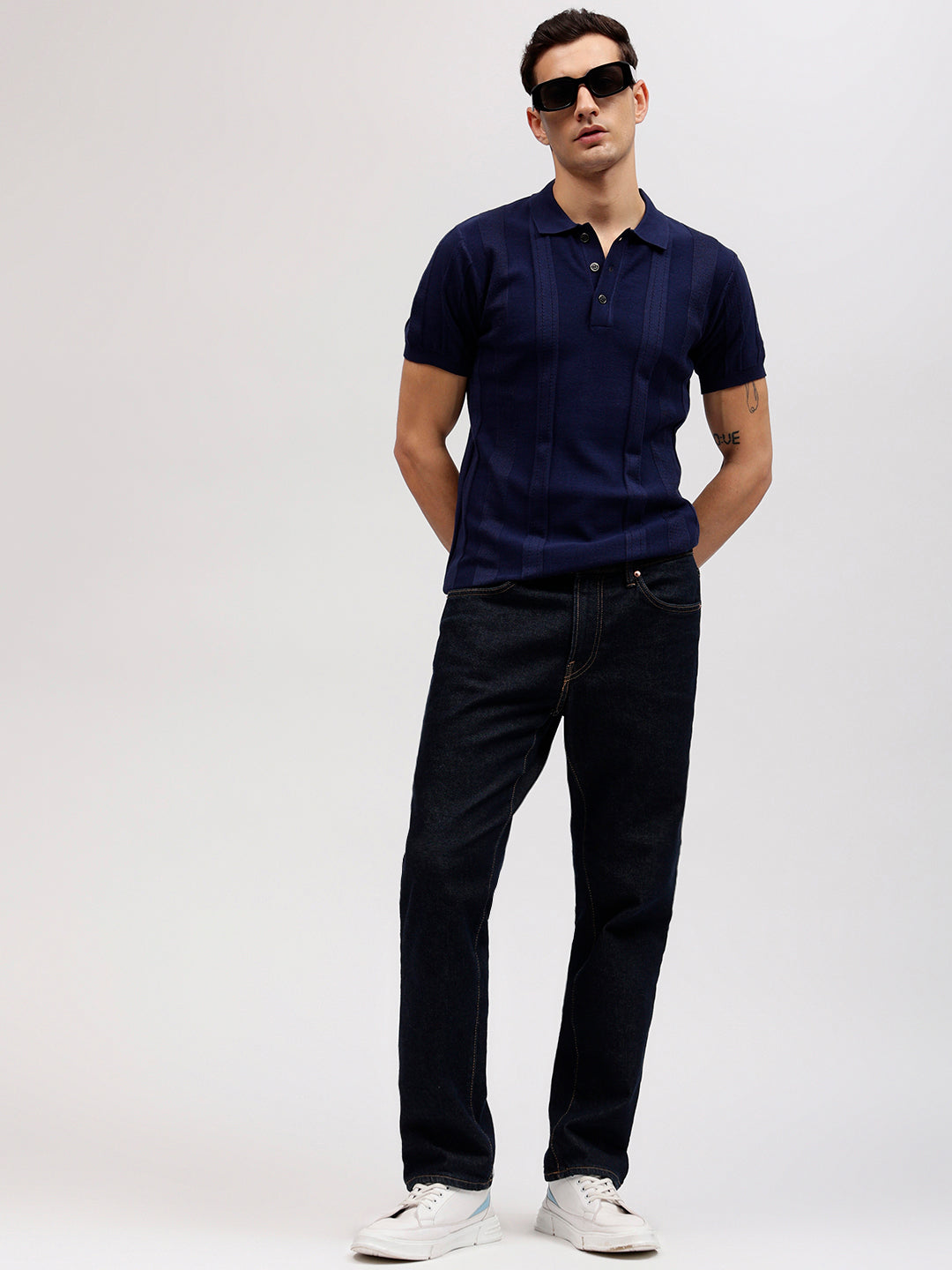 Iconic Men Navy Blue Solid Polo Collar Short Sleeves T-shirt