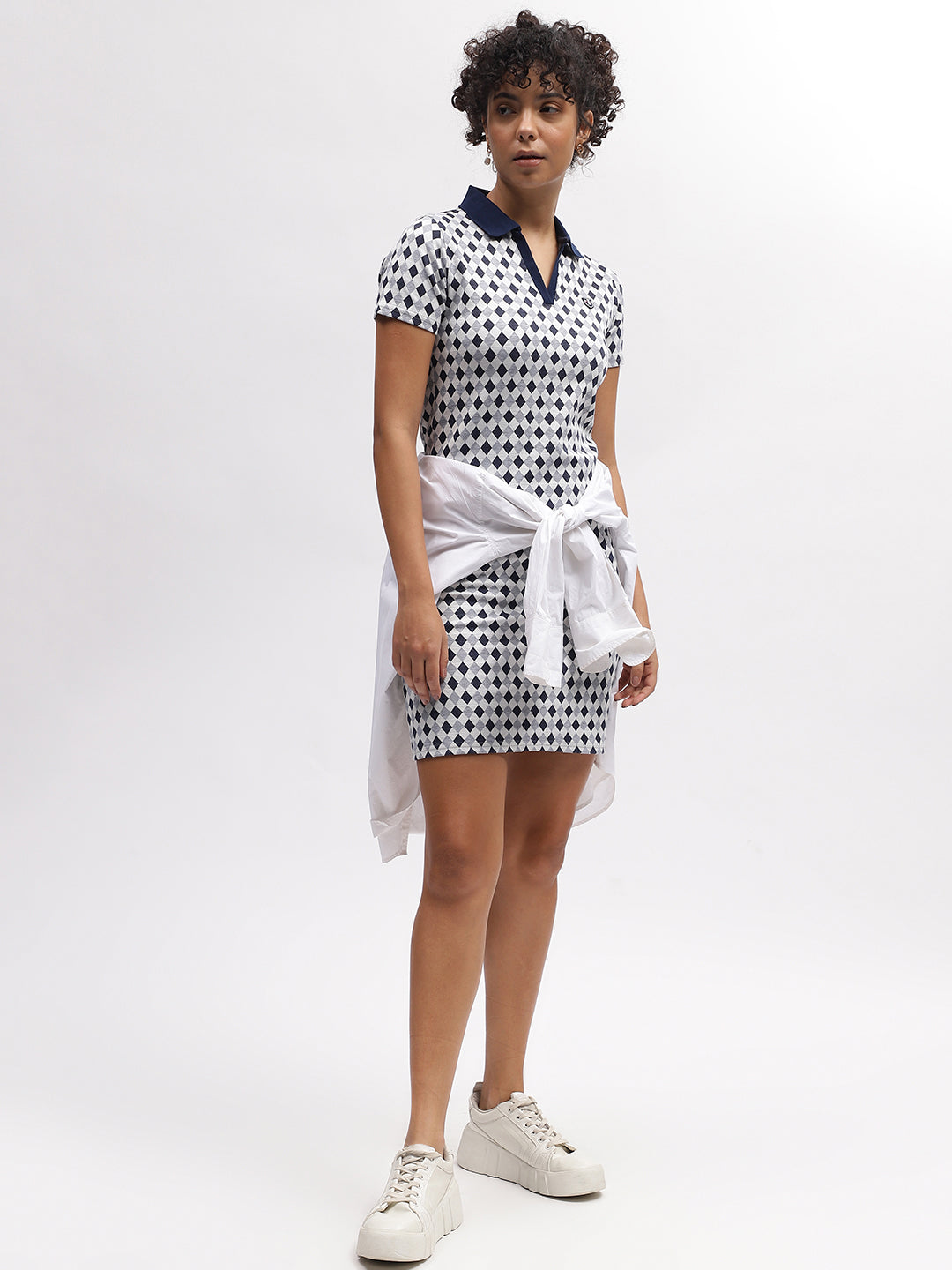 Iconic Women White Printed Shirt Collar Short Sleeves Dress