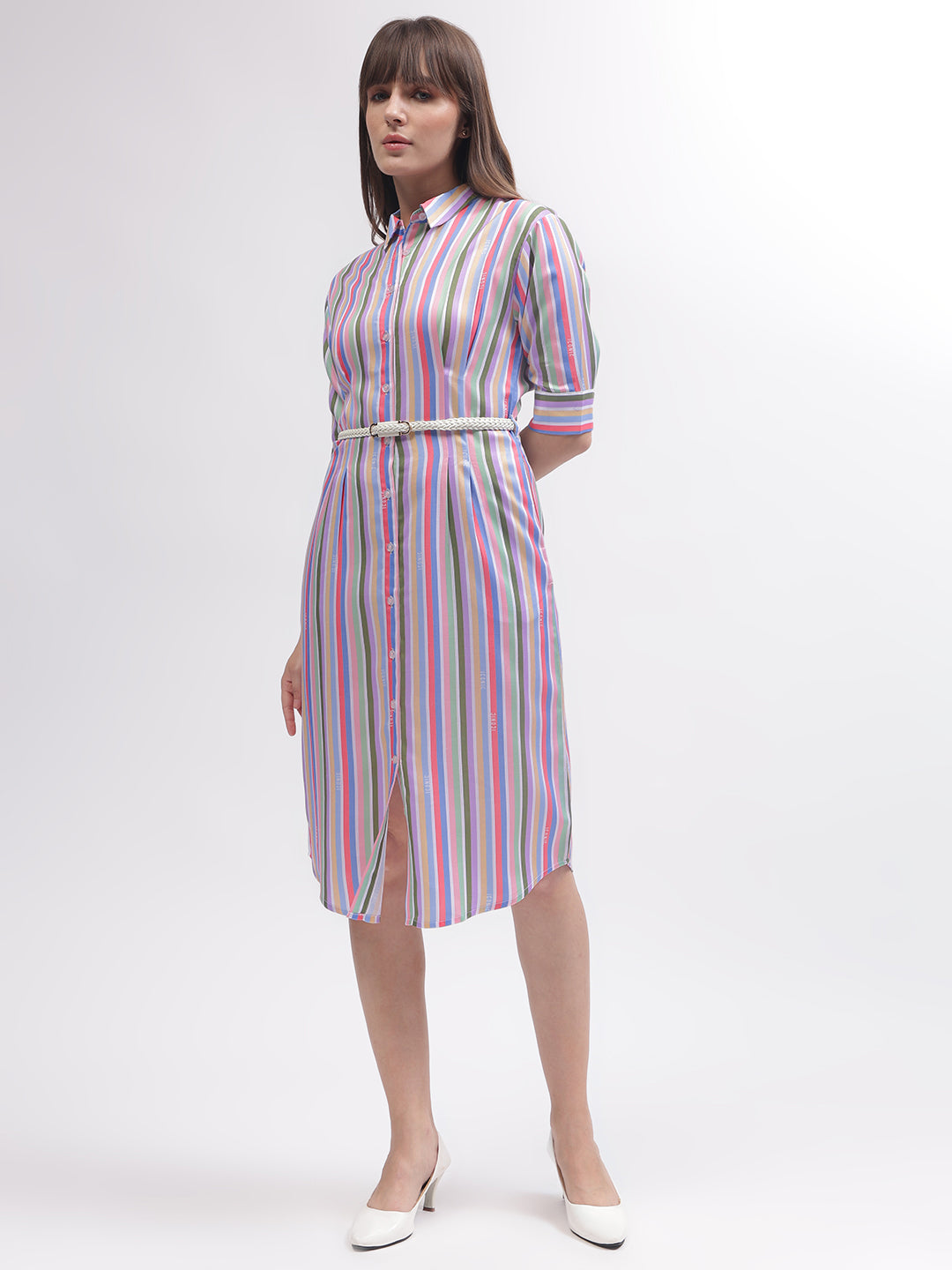 Iconic Women Multi Striped Shirt Collar 3/4th Sleeves Dress