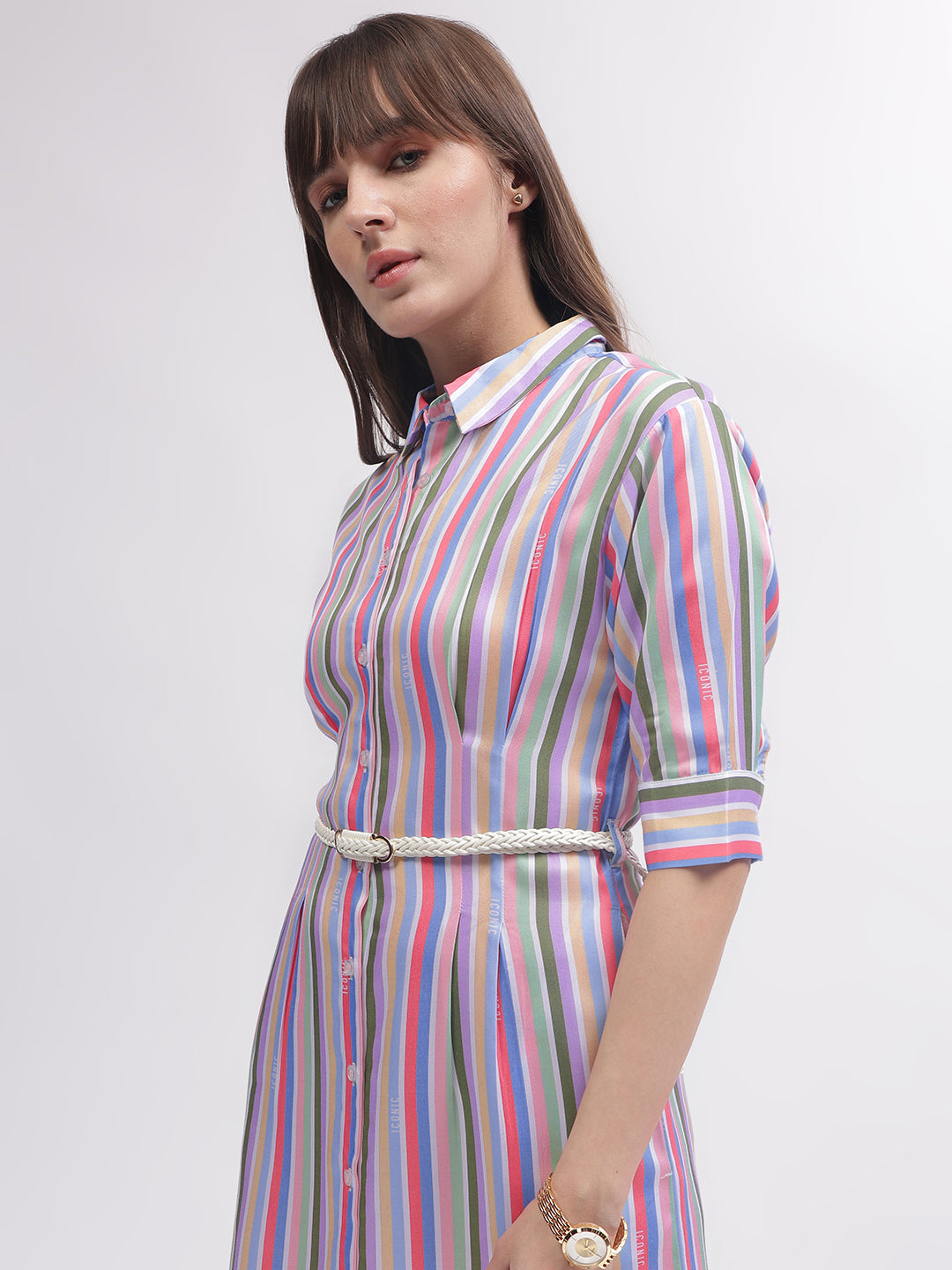 Iconic Women Multi Striped Shirt Collar 3/4th Sleeves Dress