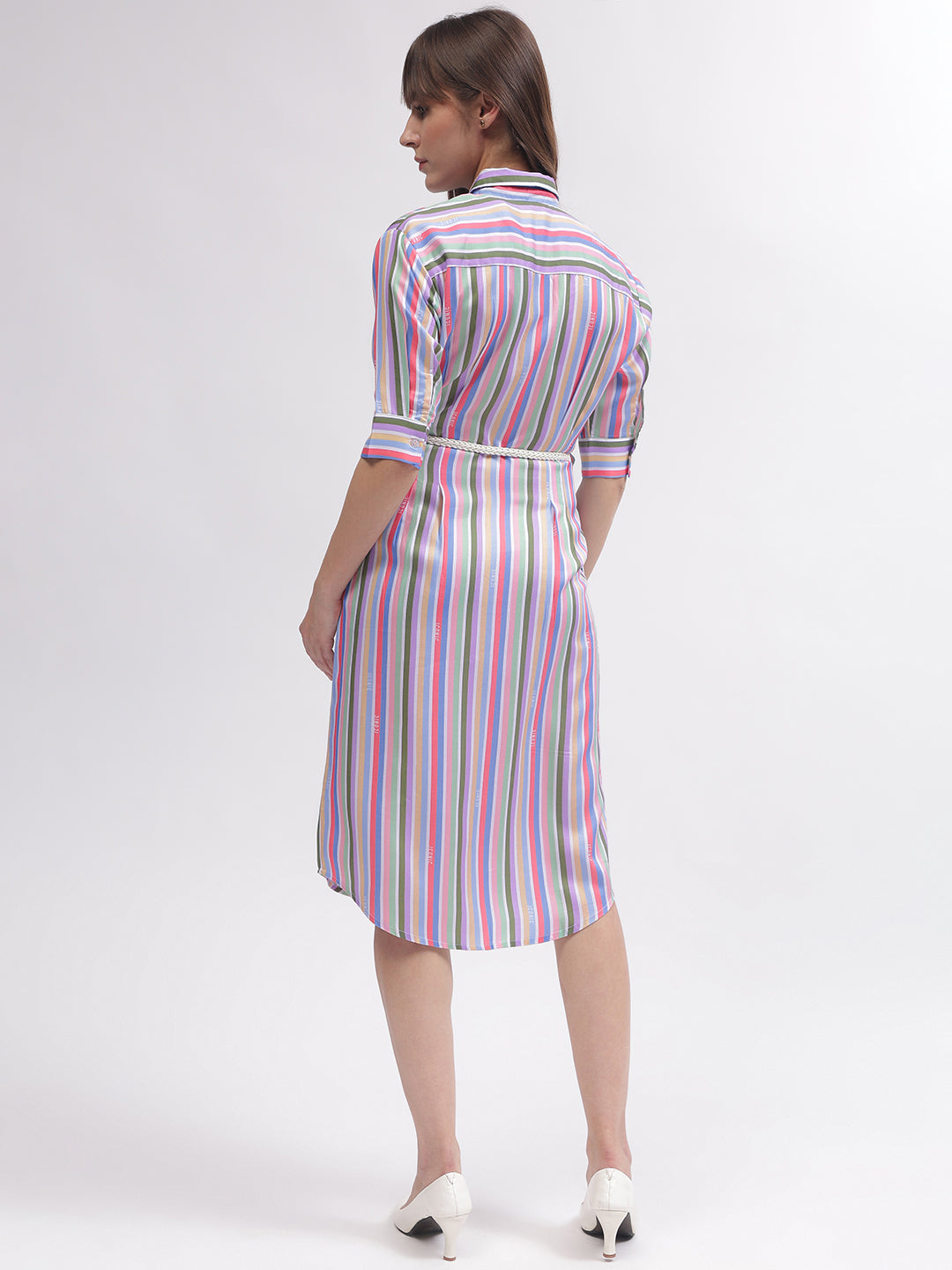 Iconic Women Multi Striped Shirt Collar 3/4th Sleeves Dress