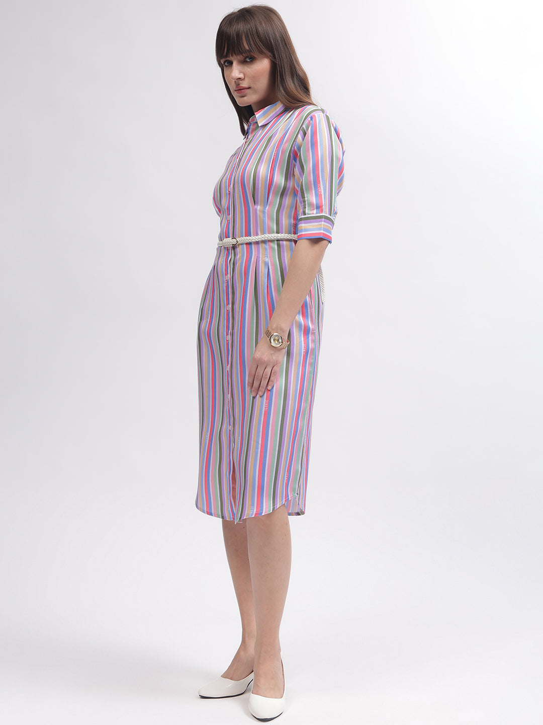 Iconic Women Multi Striped Shirt Collar 3/4th Sleeves Dress