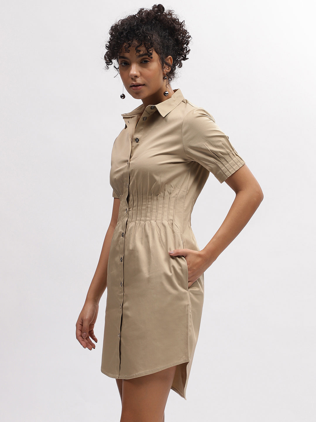 Iconic Women Beige Solid Shirt Collar Short Sleeves Dress