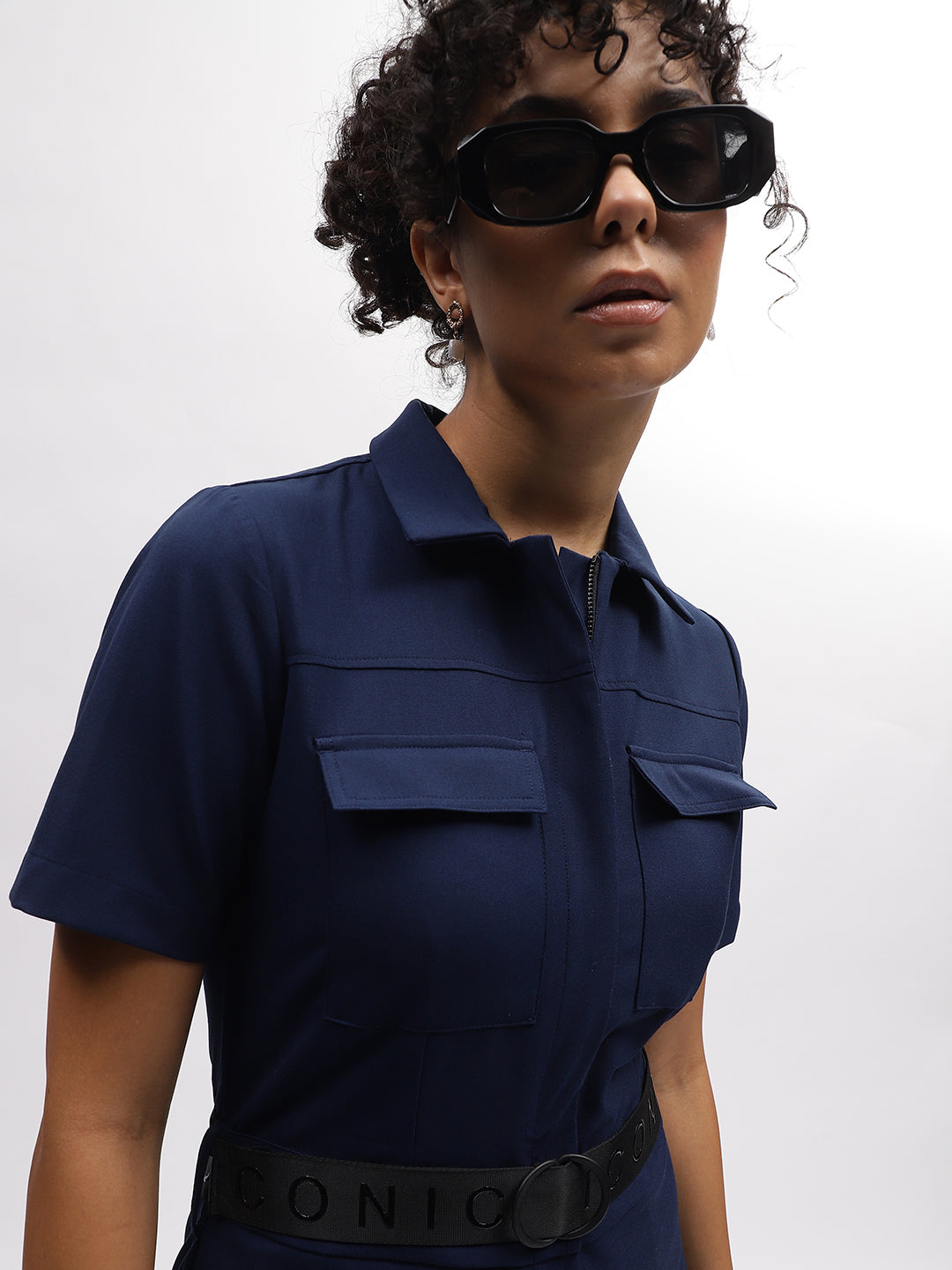 Iconic Women Navy Blue Solid Shirt Collar Short Sleeves Jumpsuit