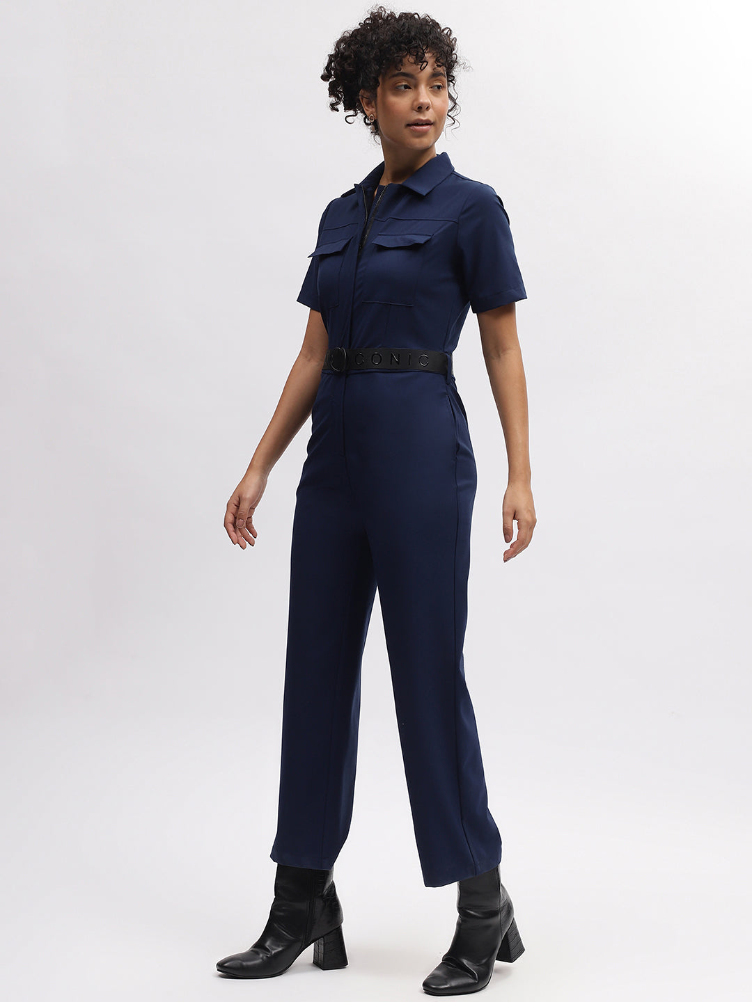 Shop Iconic Women Navy Blue Solid Shirt Collar Short Sleeves Jumpsuit Online Iconic India