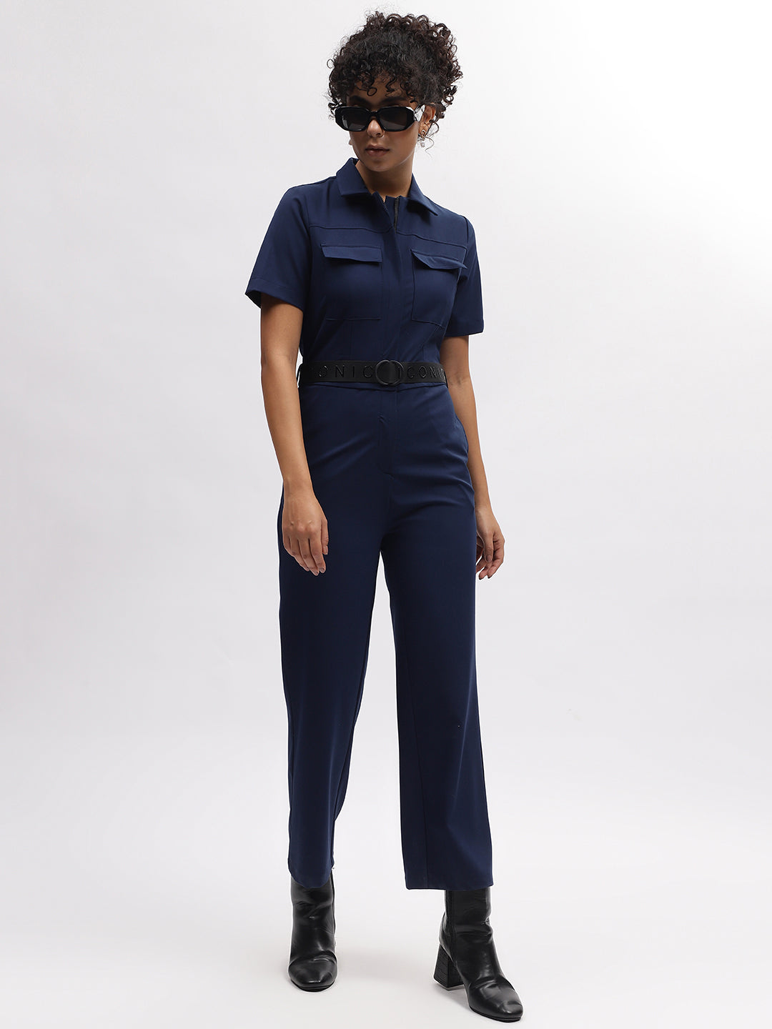 Iconic Women Navy Blue Solid Shirt Collar Short Sleeves Jumpsuit