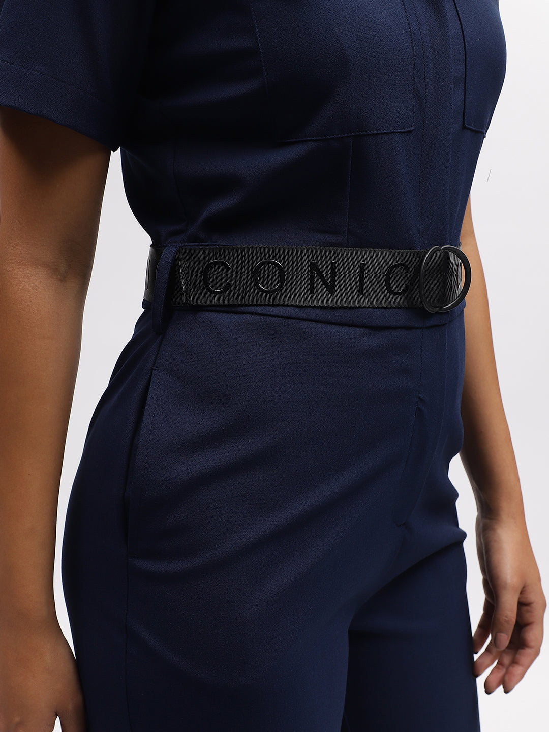 Iconic Women Navy Blue Solid Shirt Collar Short Sleeves Jumpsuit