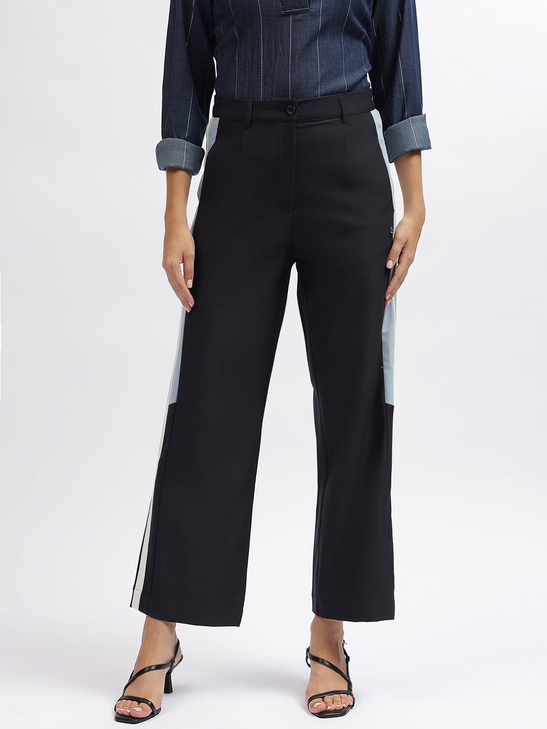 Iconic Women Navy Blue Color-Blocked Regular Fit Trouser