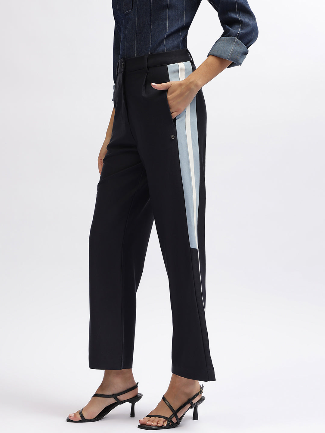 Iconic Women Navy Blue Color-Blocked Regular Fit Trouser