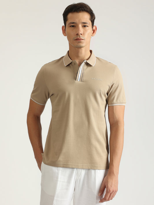 Antony Morato Men Beige Solid Collared Short Sleeves Polo T-Shirt