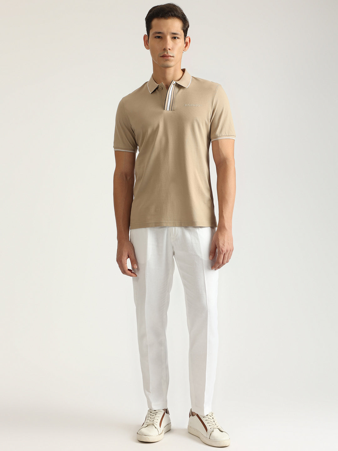 Antony Morato Men Beige Solid Collared Short Sleeves Polo T-Shirt