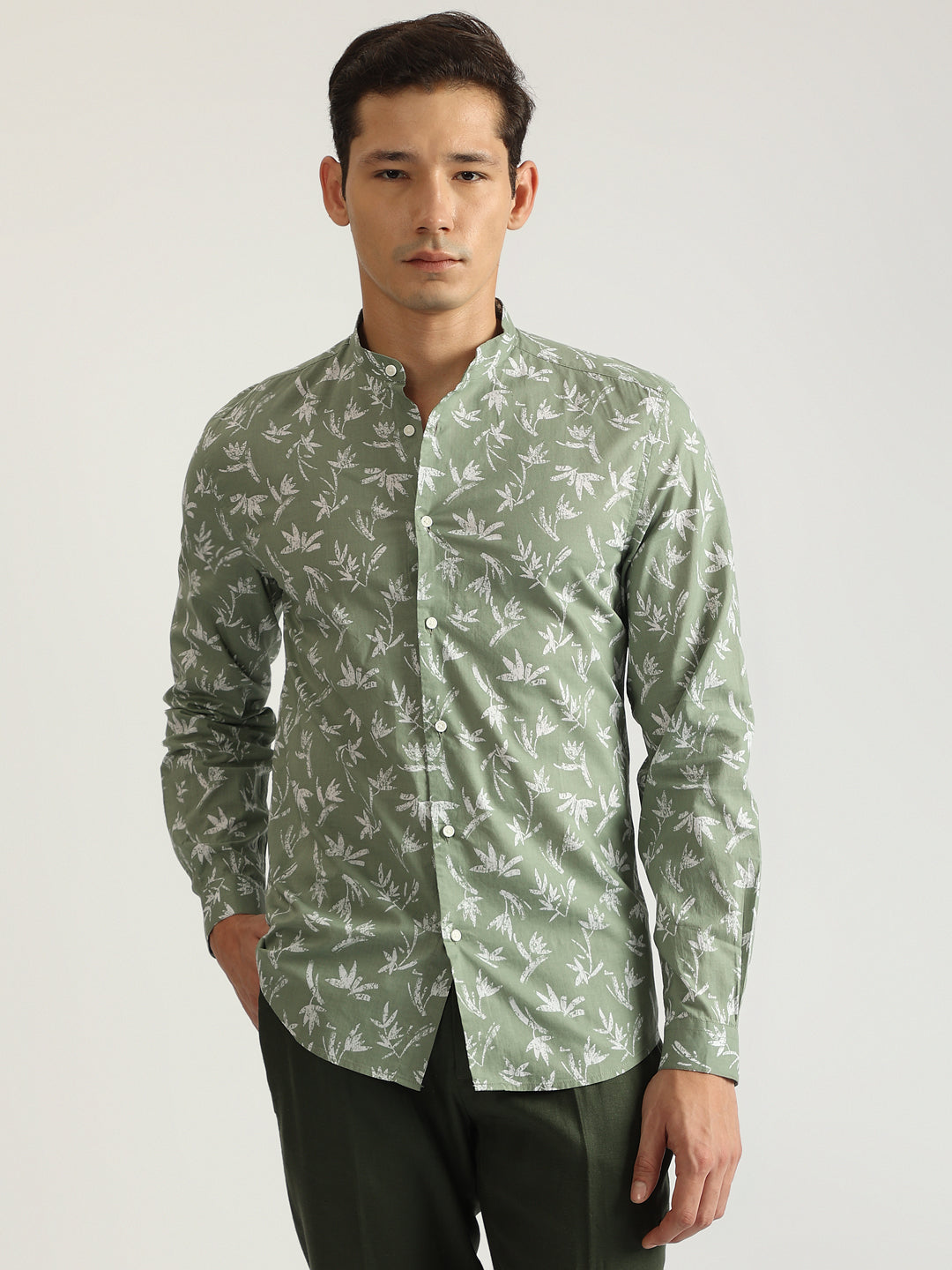 Antony Morato Men Green Printed Band Collar Full Sleeves Shirt