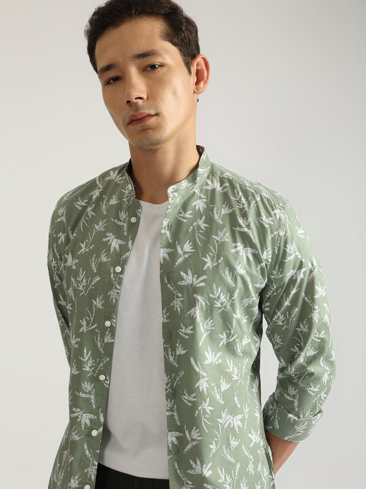 Antony Morato Men Green Printed Band Collar Full Sleeves Shirt