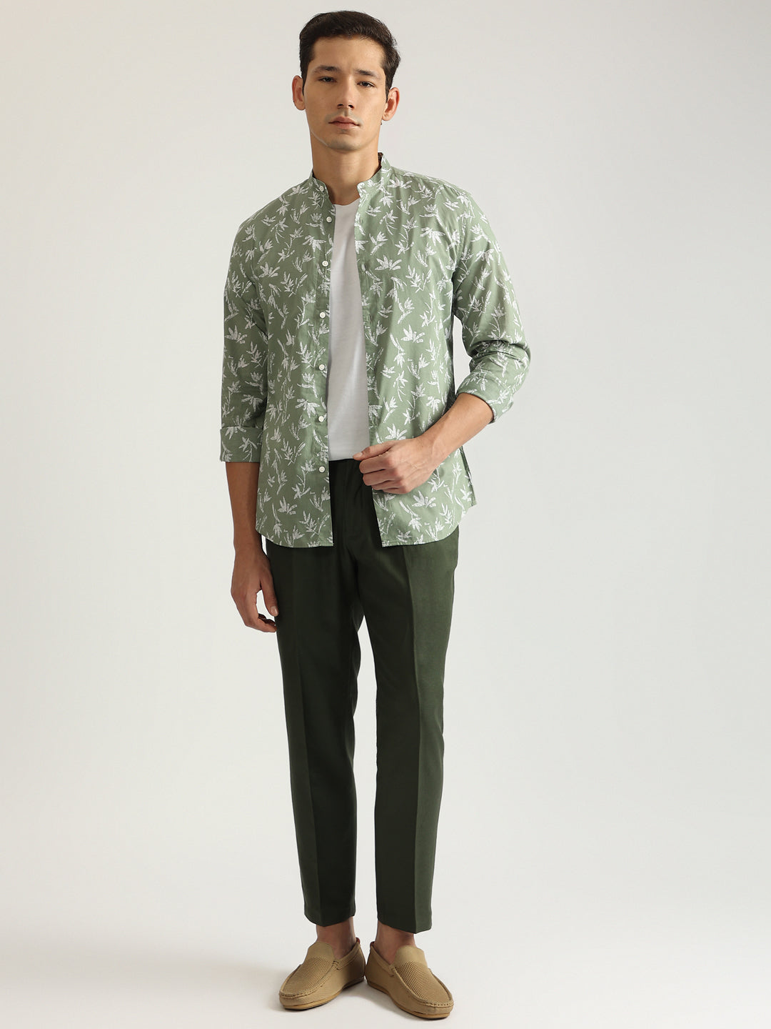 Antony Morato Men Green Printed Band Collar Full Sleeves Shirt