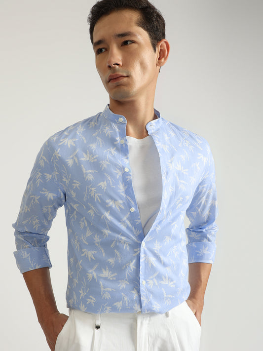 Antony Morato Men Blue Printed Band Collar Full Sleeves Shirt