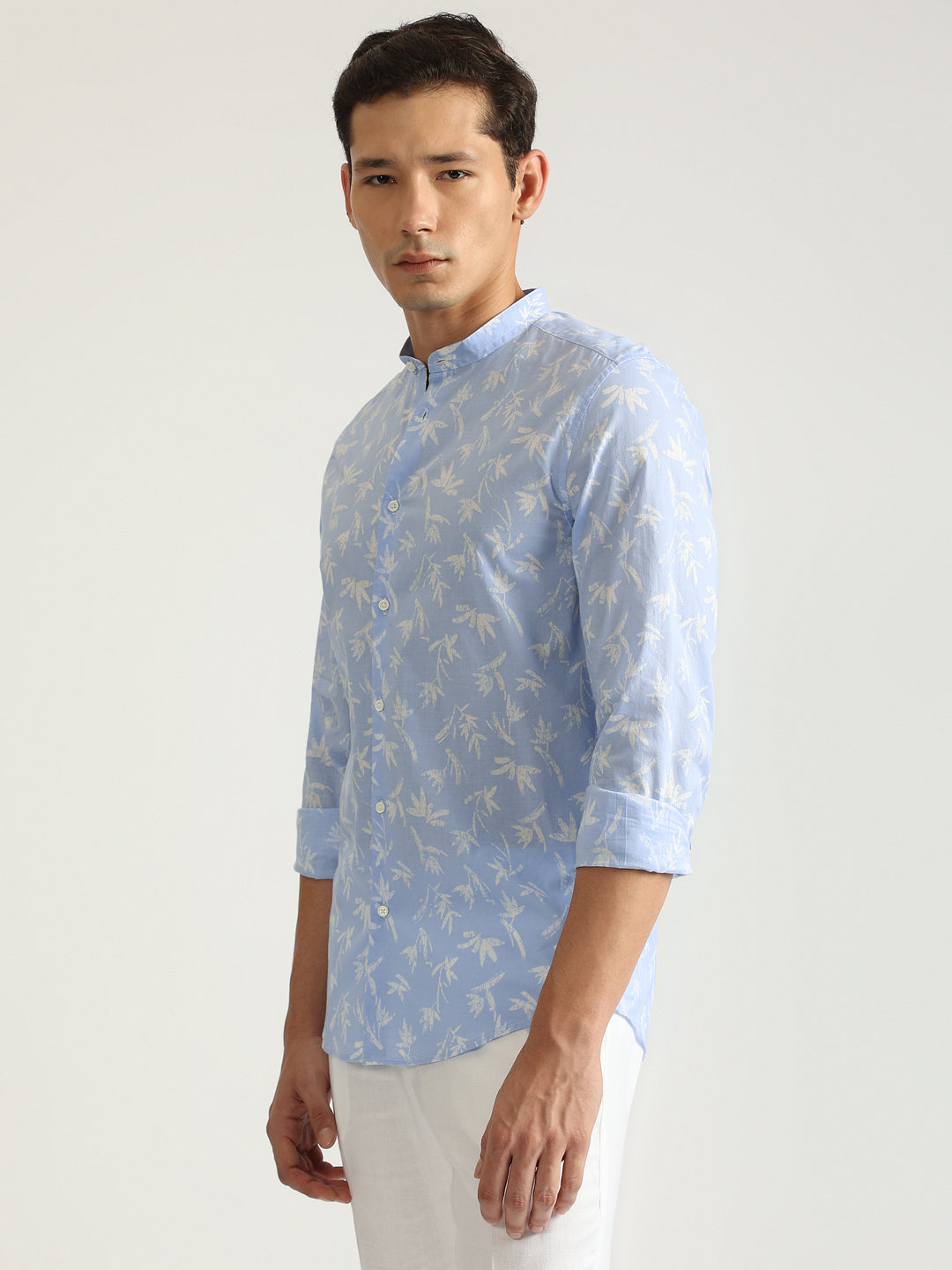 Antony Morato Men Blue Printed Band Collar Full Sleeves Shirt