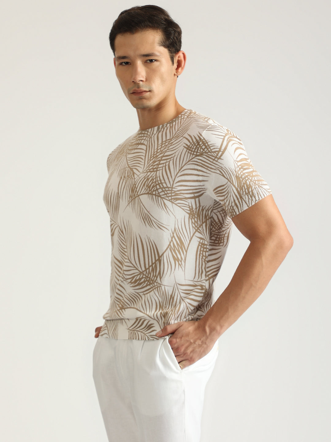 Antony Morato Men Beige Printed Round Neck Short Sleeves T-Shirt