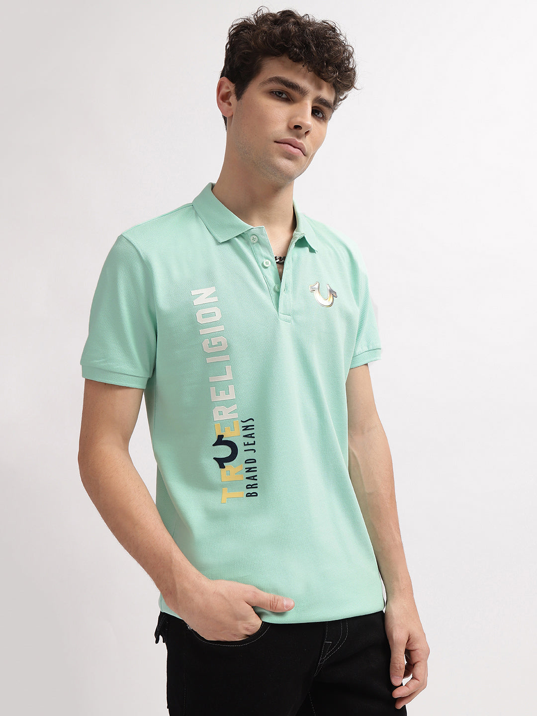 True Religion Men Mint Green Printed Polo Collar Short Sleeves T-Shirt