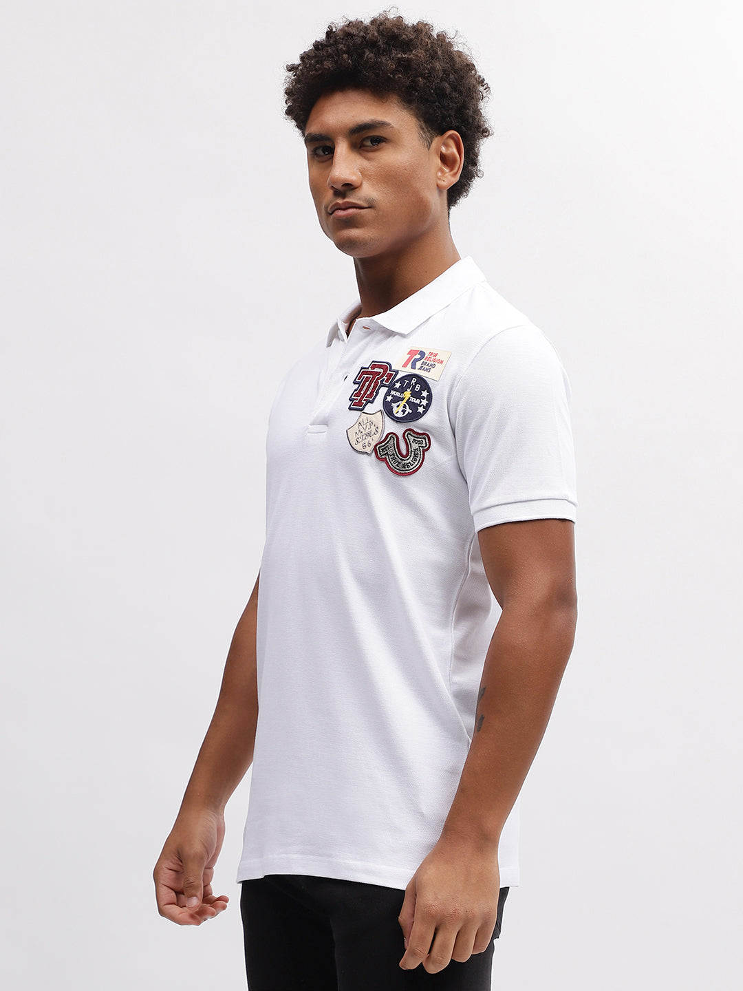 True Religion Men White Solid Polo Collar Short Sleeves T-Shirt