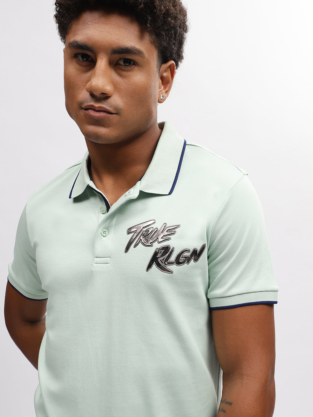 True Religion Men Green Solid Polo Collar Short Sleeves T-Shirt