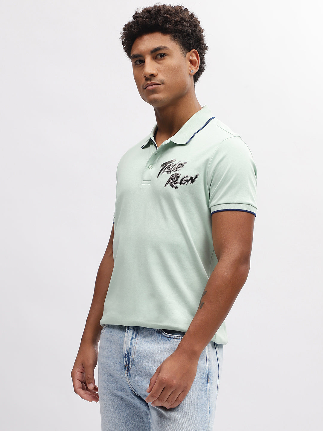 True Religion Men Green Solid Polo Collar Short Sleeves T-Shirt