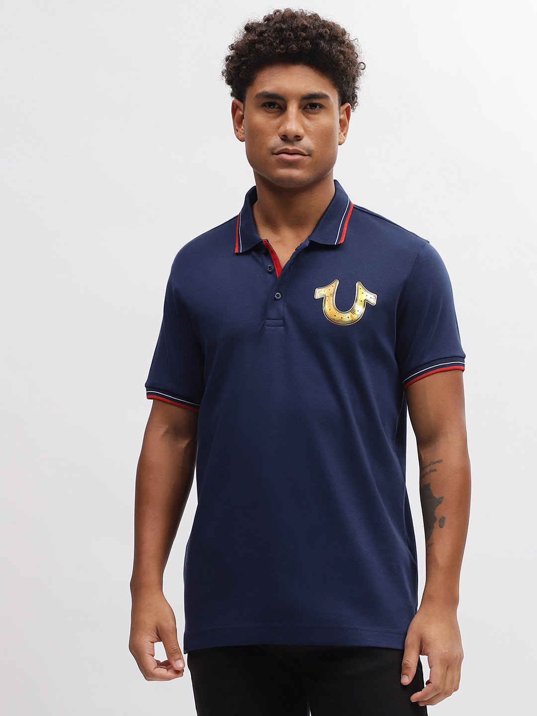 True Religion Men Blue Solid Polo Collar Short Sleeves T-Shirt