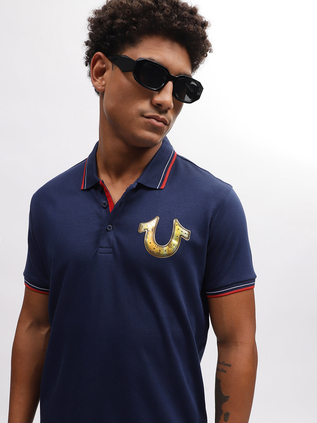 True Religion Men Blue Solid Polo Collar Short Sleeves T-Shirt