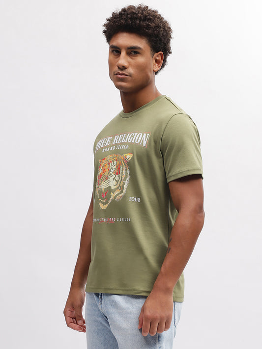 True Religion Men Green Solid Round Neck Short Sleeves T-Shirt