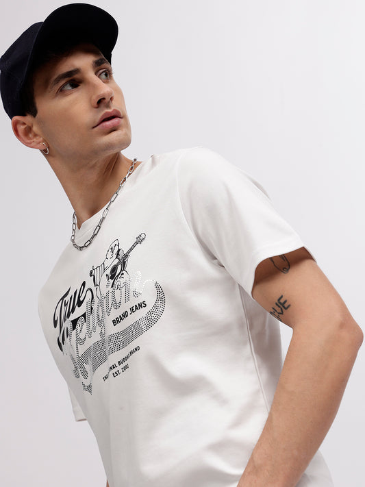 True Religion Men White Printed Round Neck Short Sleeves T-shirt