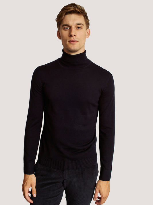 Bruun & Stengade Men Navy Blue Solid Turtle Neck Full Sleeves Pullover Style Sweater