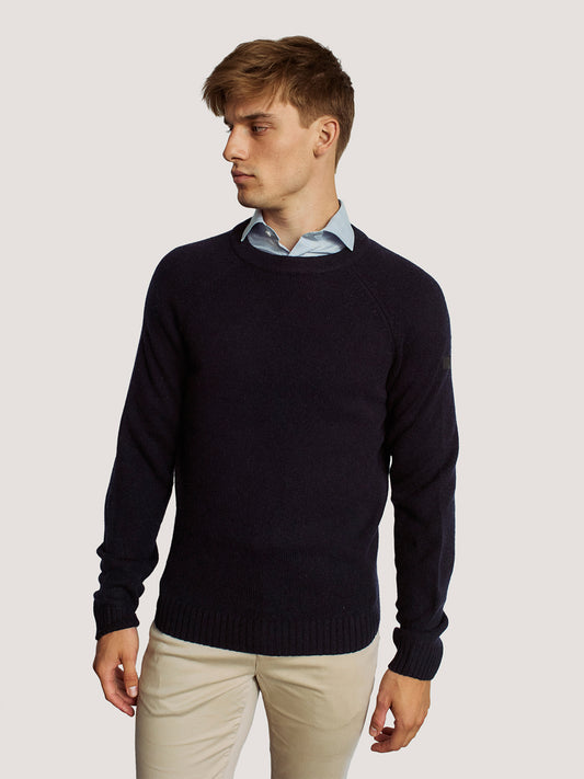 Bruun & Stengade Men Blue Solid Round Neck Full Sleeves Pullover Style Sweater