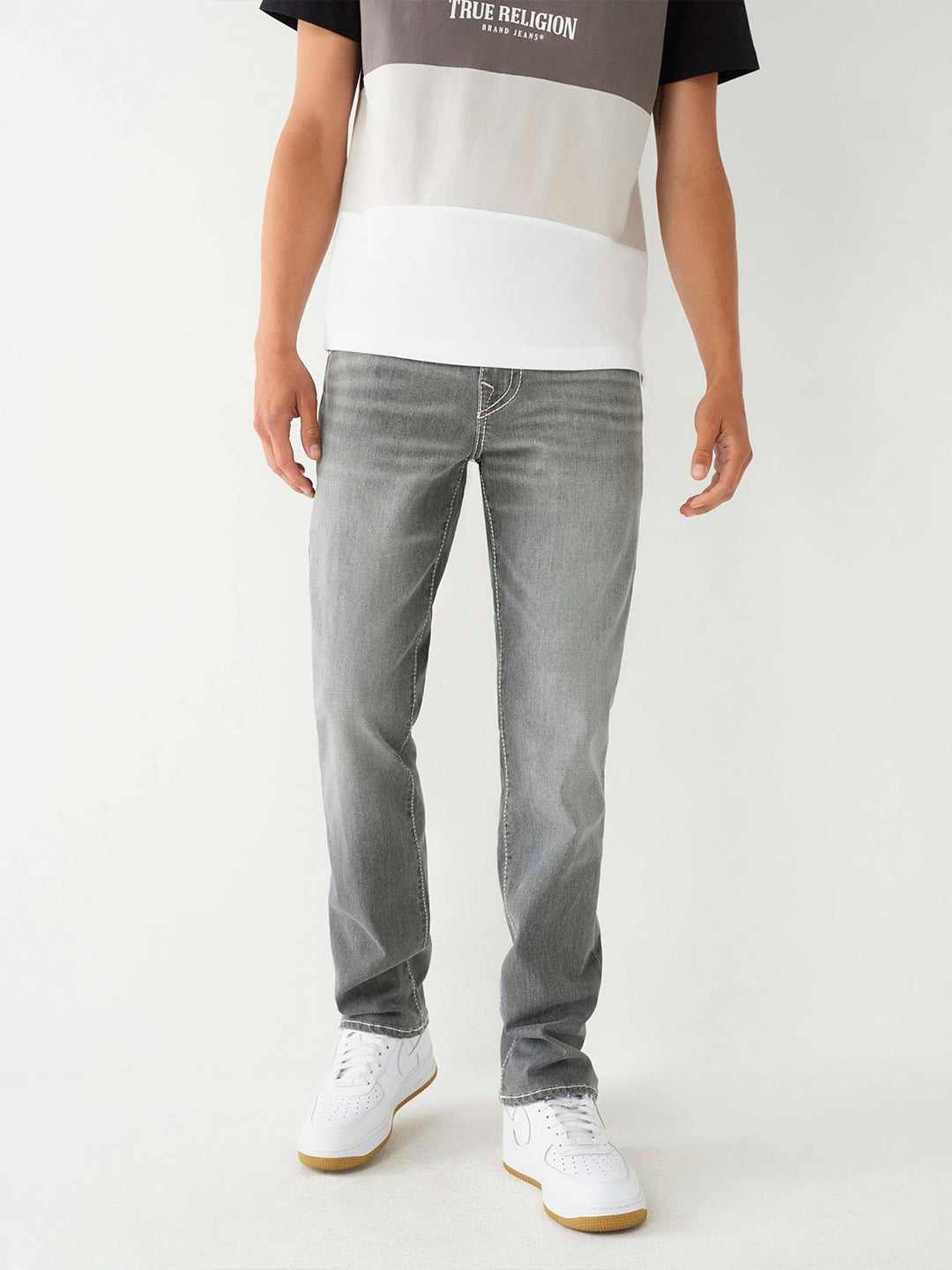 True Religion Men Grey Washed Straight Fit Mid-Rise Jeans