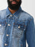 True Religion Men Blue Washed Spread Collar Full Sleeves Jacket