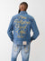 True Religion Men Blue Washed Spread Collar Full Sleeves Jacket