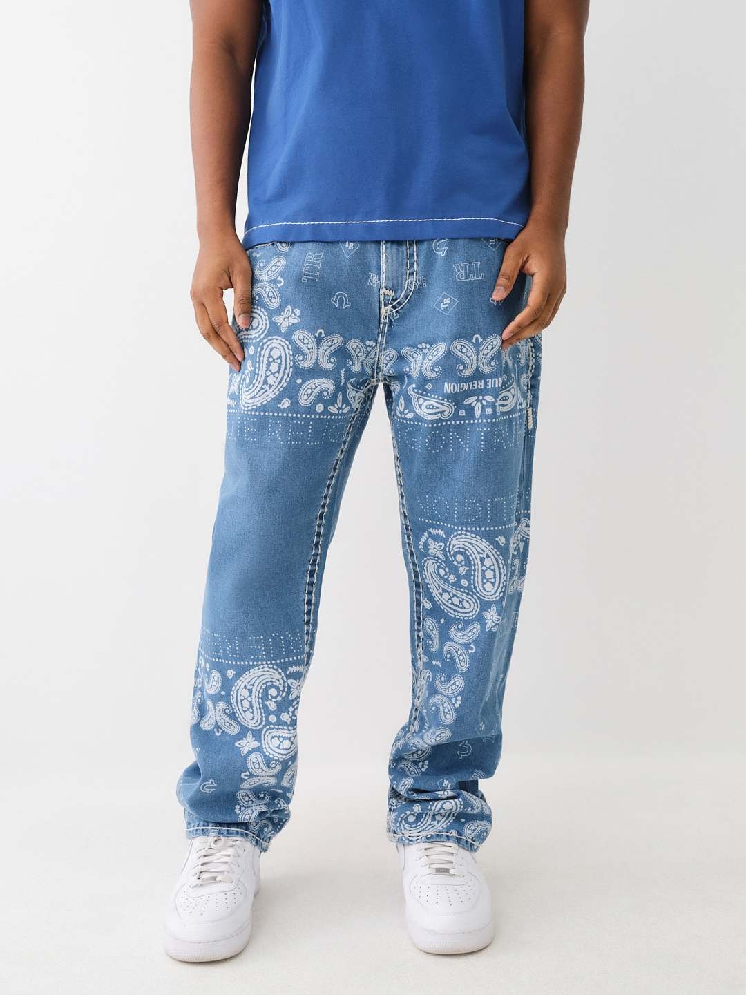 True Religion Men Super T Bobby Oversized Blue Mid-Rise Printed Jeans